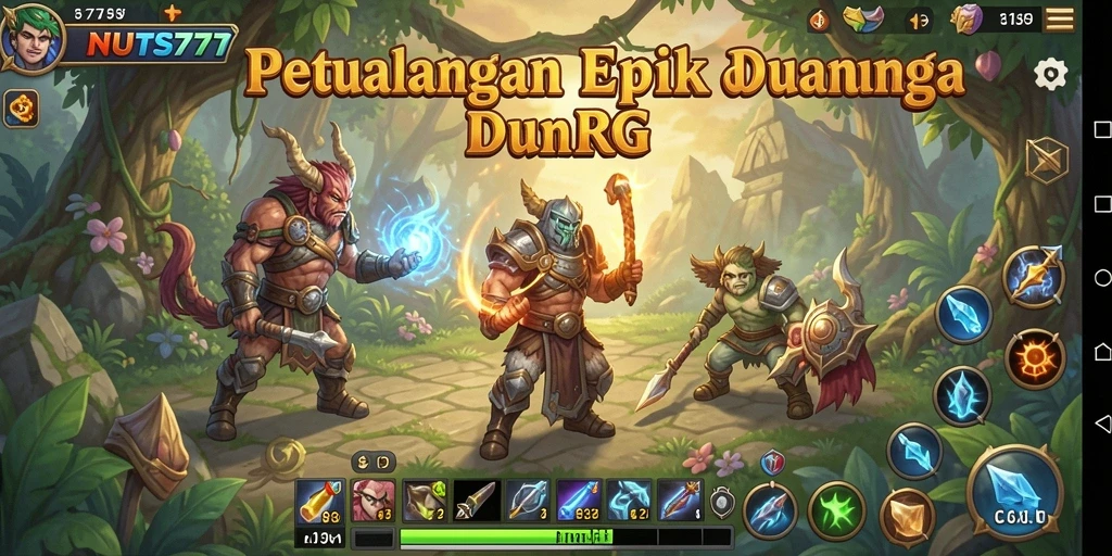 Tampilan gameplay NUTS777 dengan karakter berpetualang di dunia fantastis.